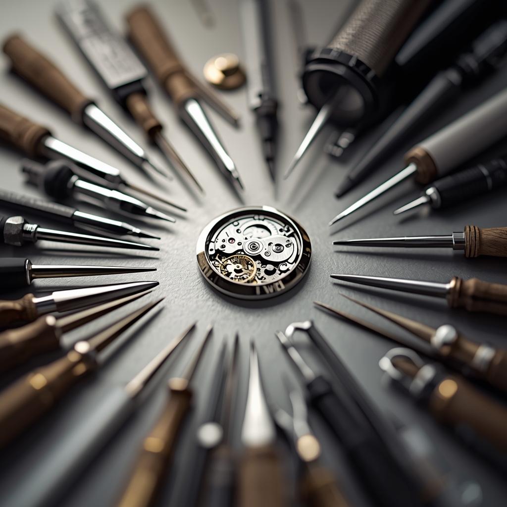 Detailed view of watch assembly process showing precision tools