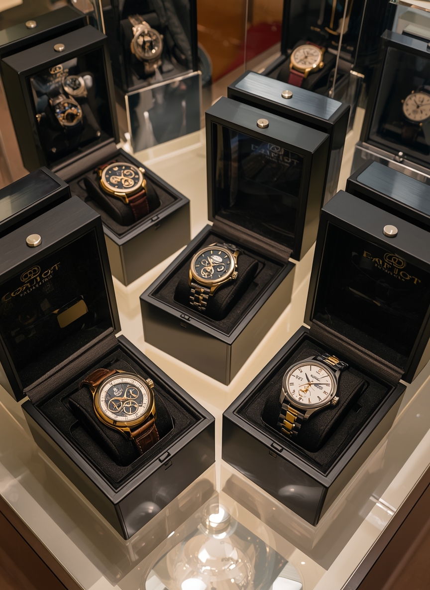 Display of multiple luxury watches in premium presentation cases