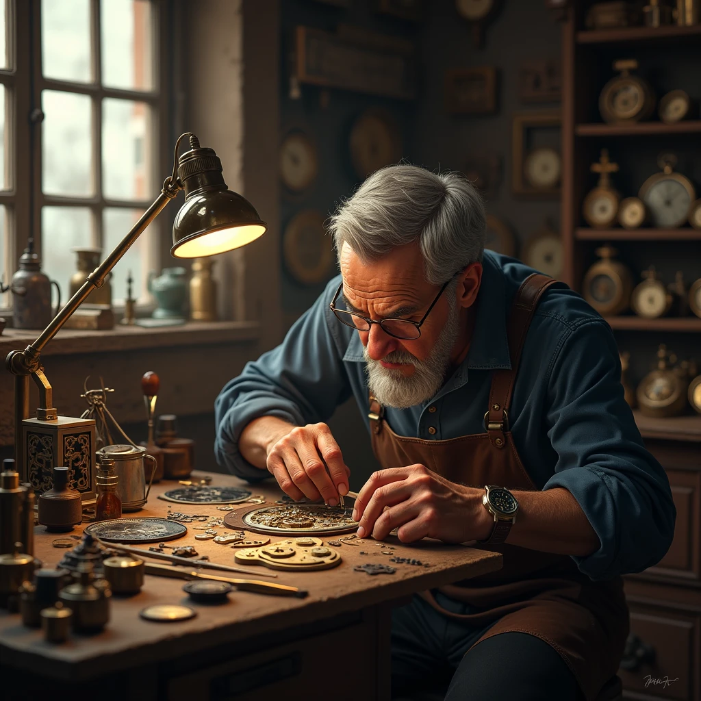 Master watchmaker crafting timepiece in traditional workshop