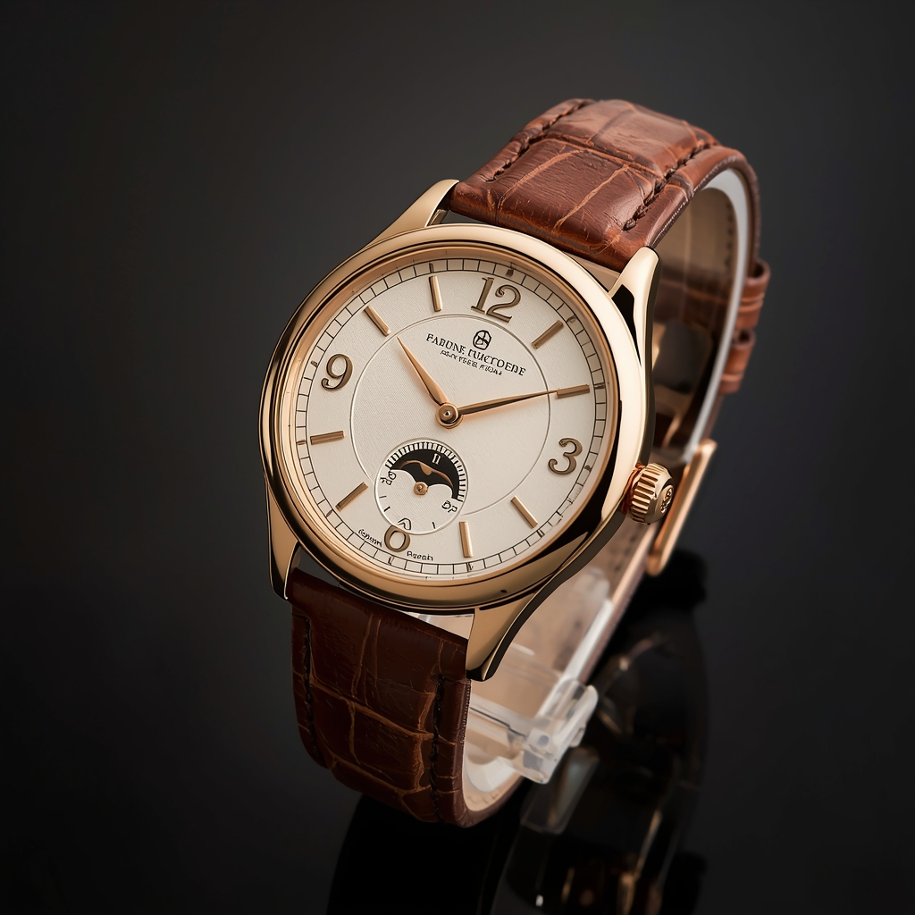 Elegant dress watch with rose gold case and brown alligator leather strap
